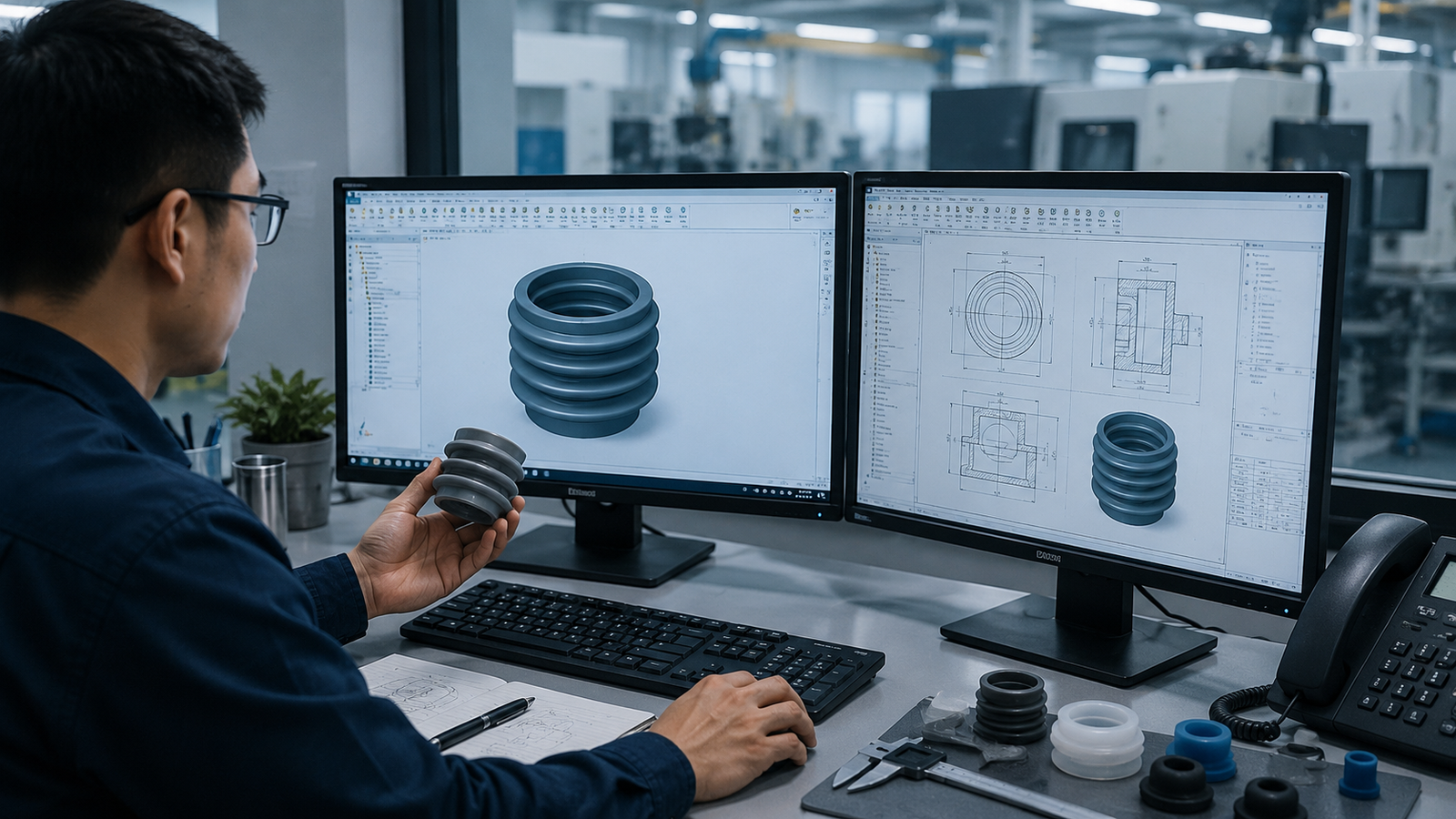 Engineers reviewing CAD drawings for silicone tooling