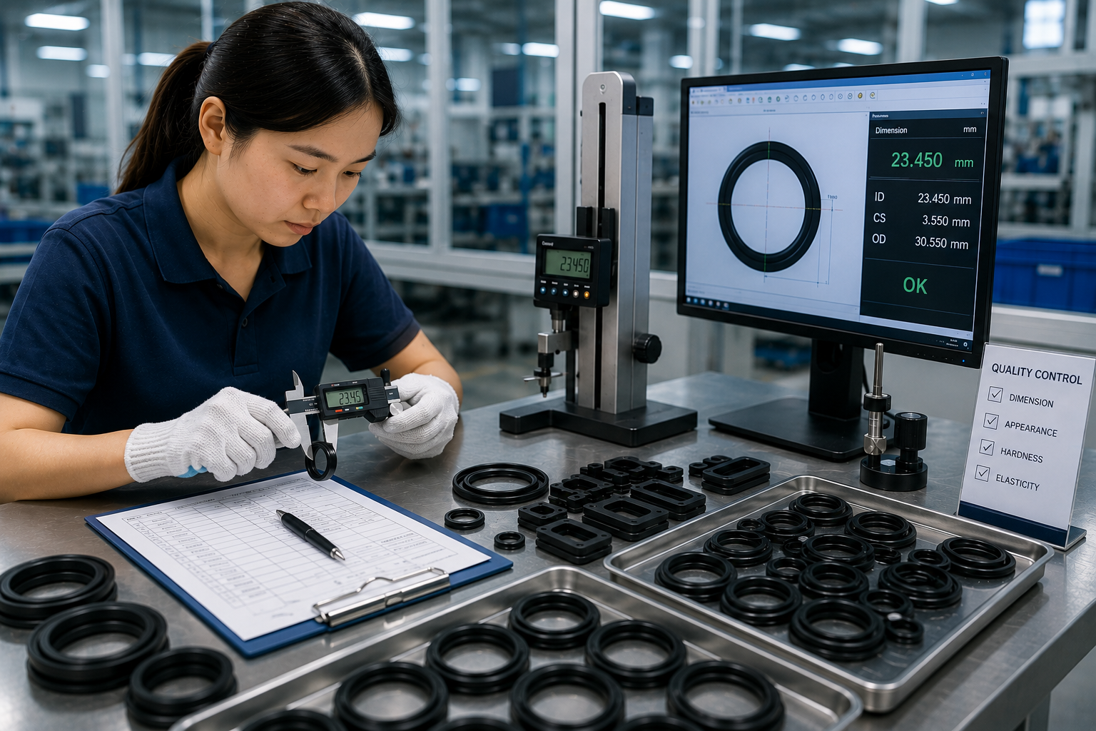 Quality inspector checking silicone part dimensions
