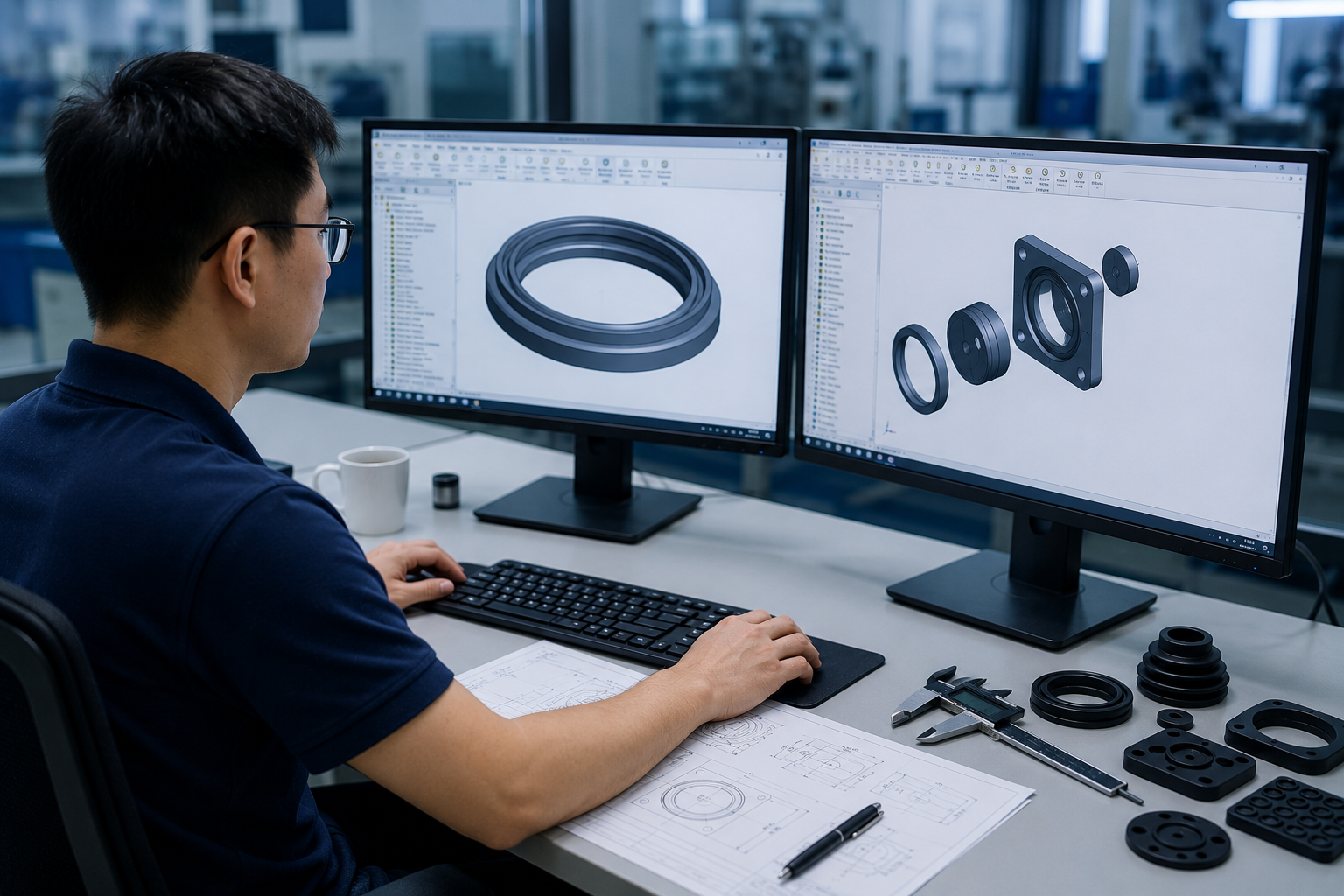 Engineers reviewing CAD drawings and silicone components