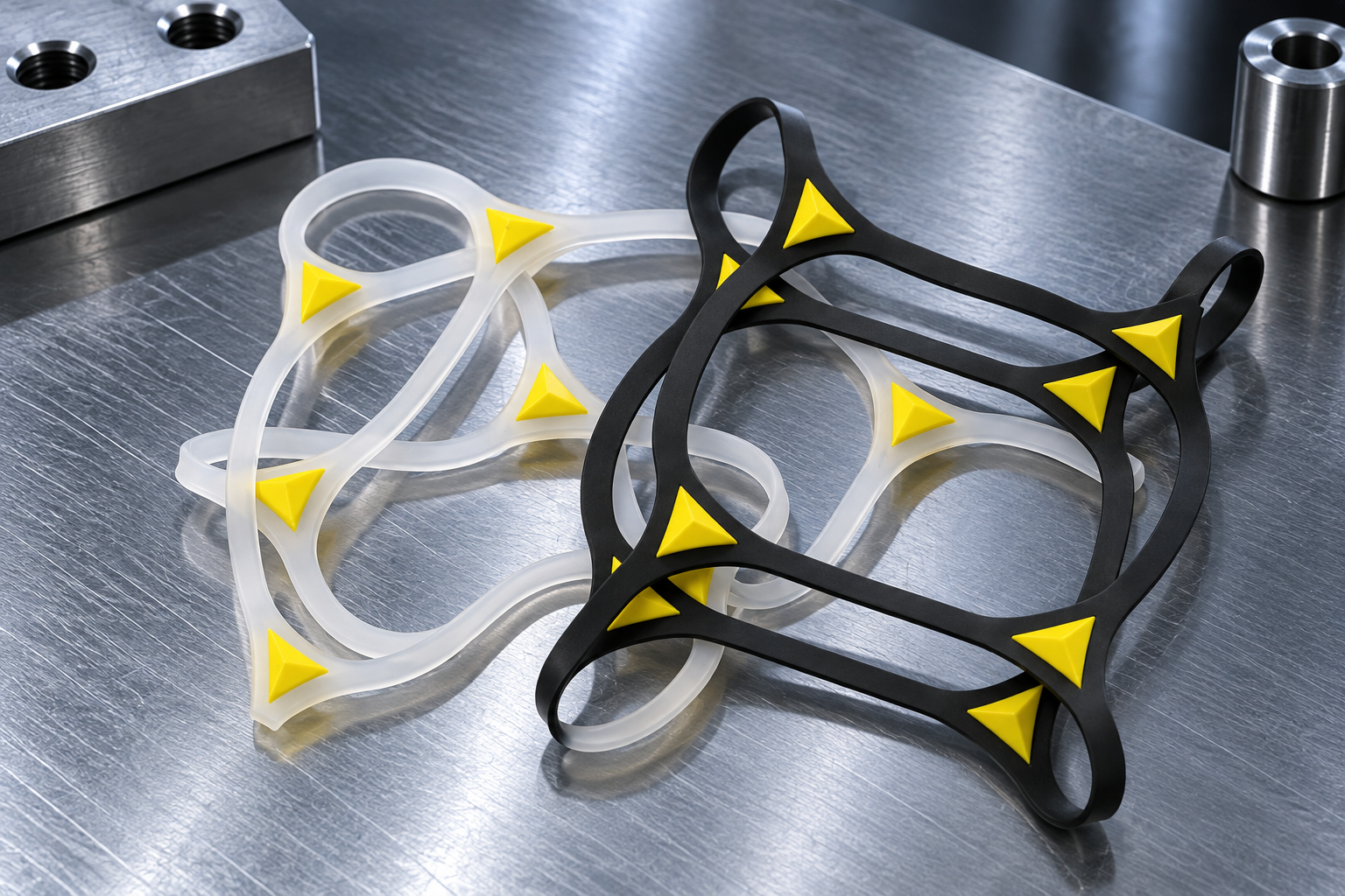 Integrated multi-material silicone components combining different mechanical functions