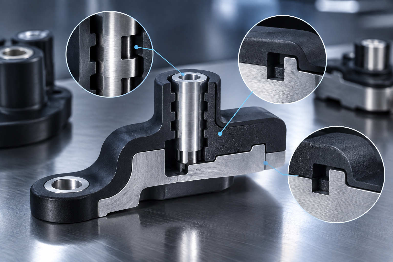 Diagram showing mechanical interlocking with silicone flowing through holes and undercuts